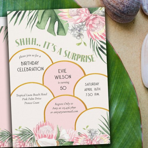 Tropical Protea and Palm Gold Arch Surprise Party Invitation