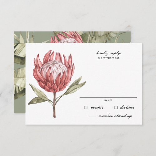 Tropical Protea Palm Leaf Wedding RSVP Card