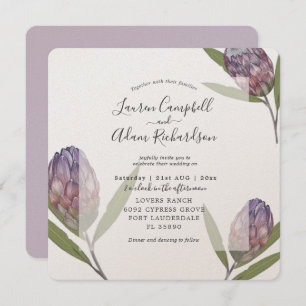 Tropical Protea Purple Watercolor Wedding Invitation