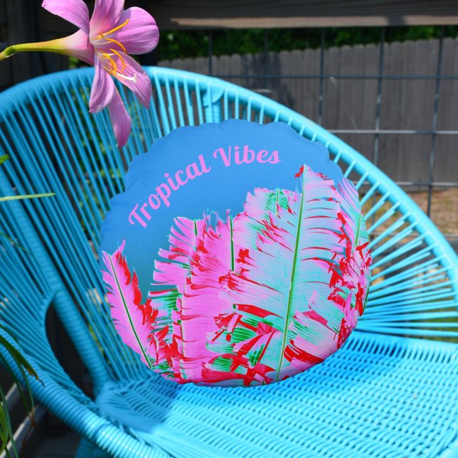 Tropical Psychedelic Palm Fronds Pink Blue Round Pillow (Creator Uploaded)