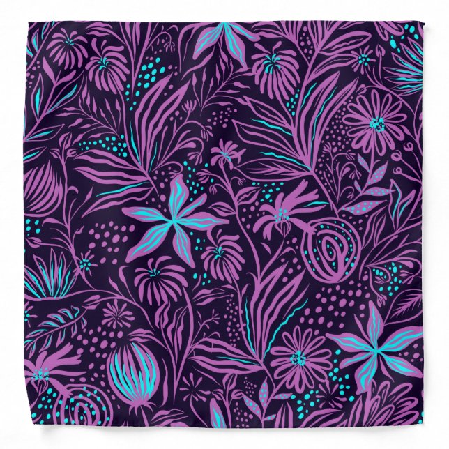 Tropical Purple and Blue Floral Print Bandana (Front)