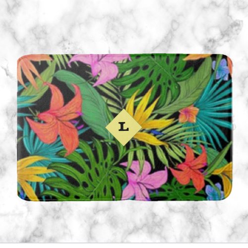 Tropical Purple and Green Botanical Flowers  Bath Mat