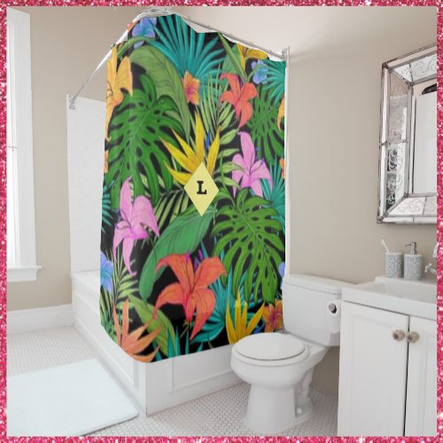 Tropical Purple and Green Botanical Flowers Shower Curtain