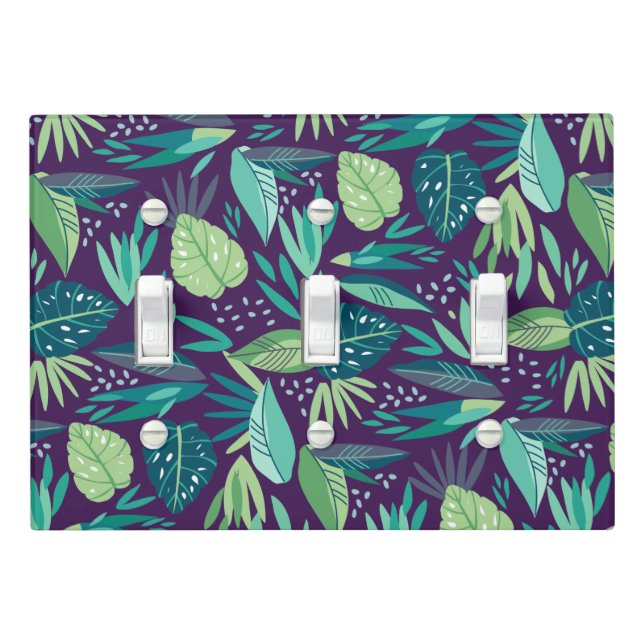 Tropical Purple and Green Leafs Pattern Light Switch Cover (In Situ)