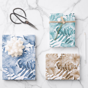 Tropical Purple Blue Cream Floral Leaves Birthday Wrapping Paper Sheets