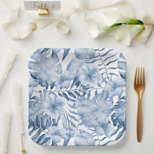 Tropical Purple Blue Floral Leaves Bridal Shower Paper Plates