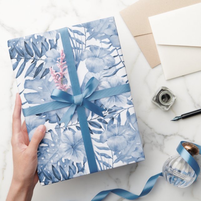 Tropical Purple Blue Floral Leaves Bridal Shower Wrapping Paper (Gifting)