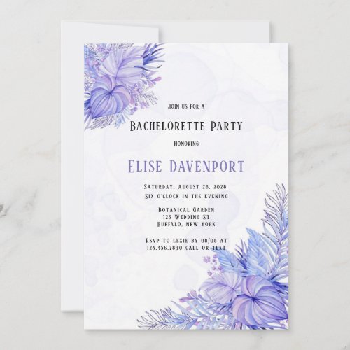 Tropical Purple Blue Palm Leaf Bachelorette Party Invitation