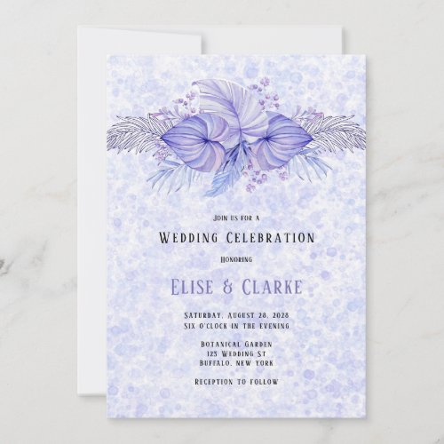 Tropical Purple Blue Palm Leaves Wedding  Invitation