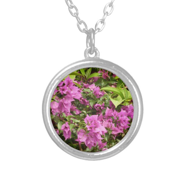Tropical Purple Bougainvillea Floral Silver Plated Necklace (Front)