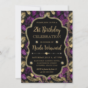 Tropical Purple & Gold Leopard Print 21st Birthday Invitation