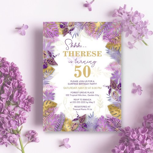 Tropical Purple Gold Surprise 50th Birthday Invitation