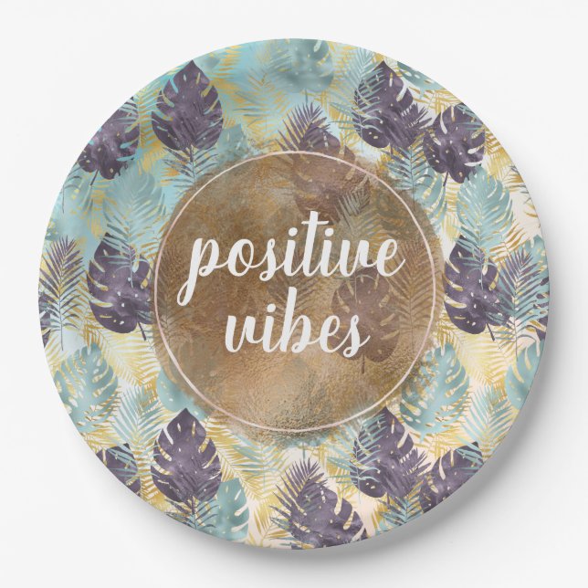 Tropical Purple Green Gold Leaves Positive Vibes   Paper Plates (Front)
