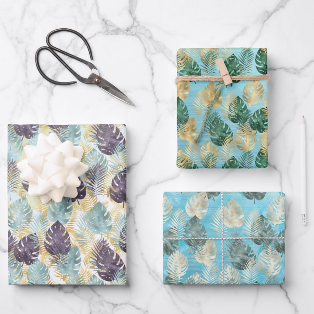 Tropical Purple Green Gold Leaves Wrapping Paper Sheets (Front)
