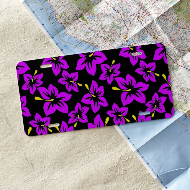 Tropical Purple Hawaiian Hibiscus Flowers License Plate (In Situ)