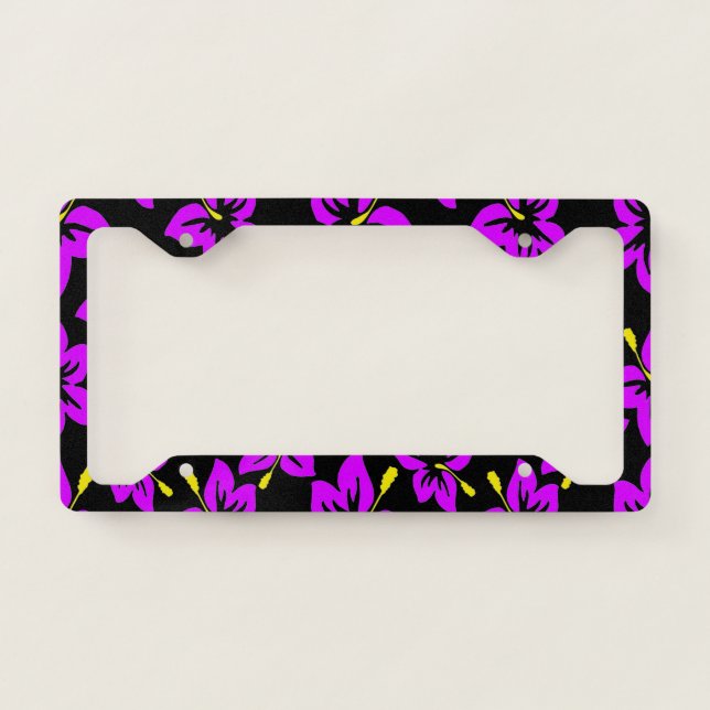 Tropical Purple Hawaiian Hibiscus Flowers License Plate Frame (Front)