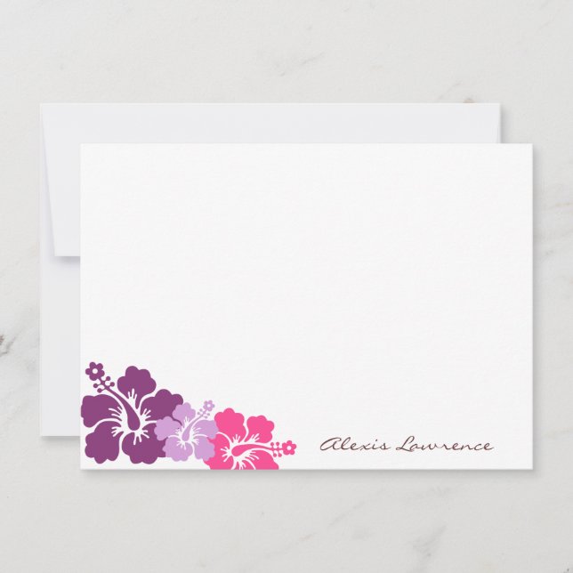 Tropical purple hibiscus flowers custom stationery note card (Front)