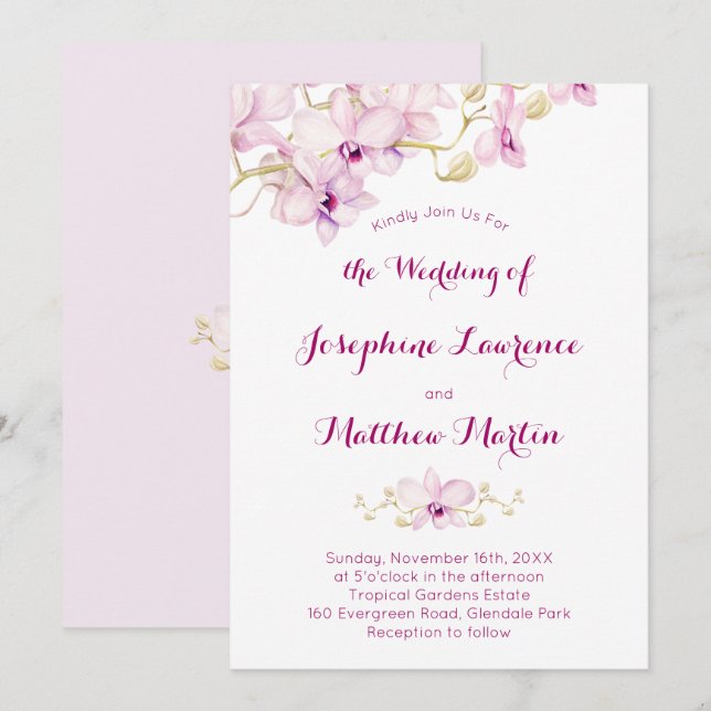 Tropical Purple Orchid Flower Wedding Invitation (Front/Back)