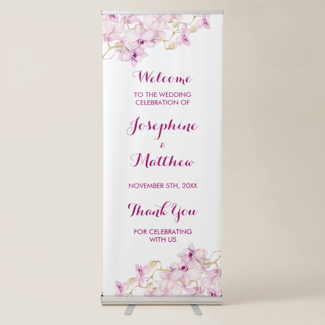 Tropical Purple Orchid Personalized Wedding Retractable Banner (Front)