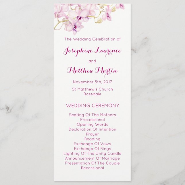 Tropical Purple Orchid Watercolor Wedding Programs (Front)
