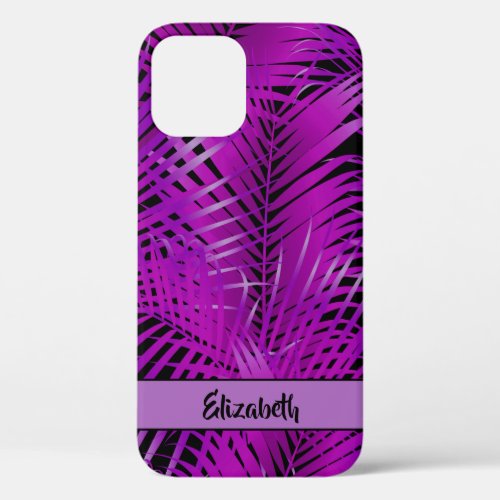 Tropical Purple Palm Fronds on Black Personalized iPhone 12 Case