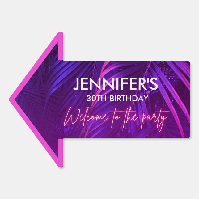 Tropical Purple Palm Leaf Arrow Welcome Yard Sign (Front)
