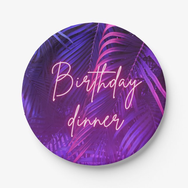 Tropical Purple Palm Leaf Birthday Dinner Paper Plates (Front)