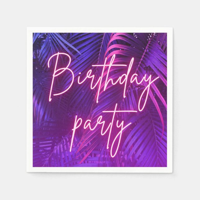Tropical Purple Palm Leaf Birthday Party Napkins (Front)