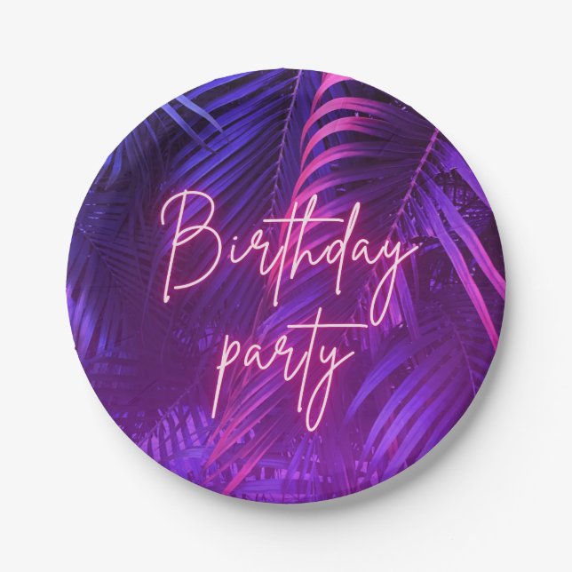 Tropical Purple Palm Leaf Birthday Party Paper Plates (Front)