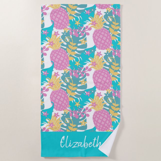 Tropical Purple Pineapples Beach Towel (Front)