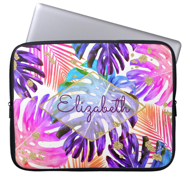 Tropical Purple Pink Glitter Palm Leaf Pattern Laptop Sleeve (Front)