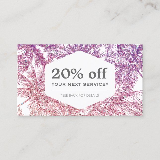 Tropical Purple/Pink Glitter Palms Discount Card (Front)