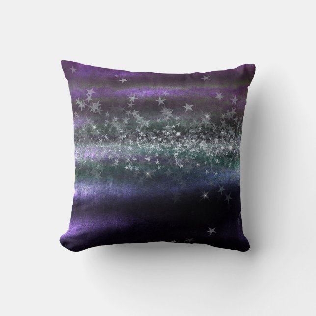 Tropical Purple Teal Green Silver Stars Glitter Throw Pillow (Front)