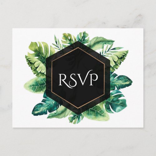 Tropical Rain Forest Leaves Elegant Wedding RSVP Invitation Postcard