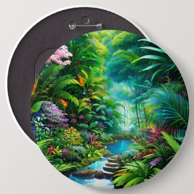 Tropical rain forest with trees and flowers button (Front & Back)