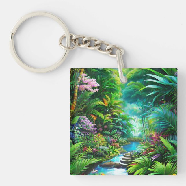 Tropical rain forest with trees and flowers keychain (Front)