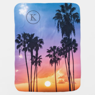 Tropical Rainbow Color Palm Tree Sunset Monogram Baby Blanket