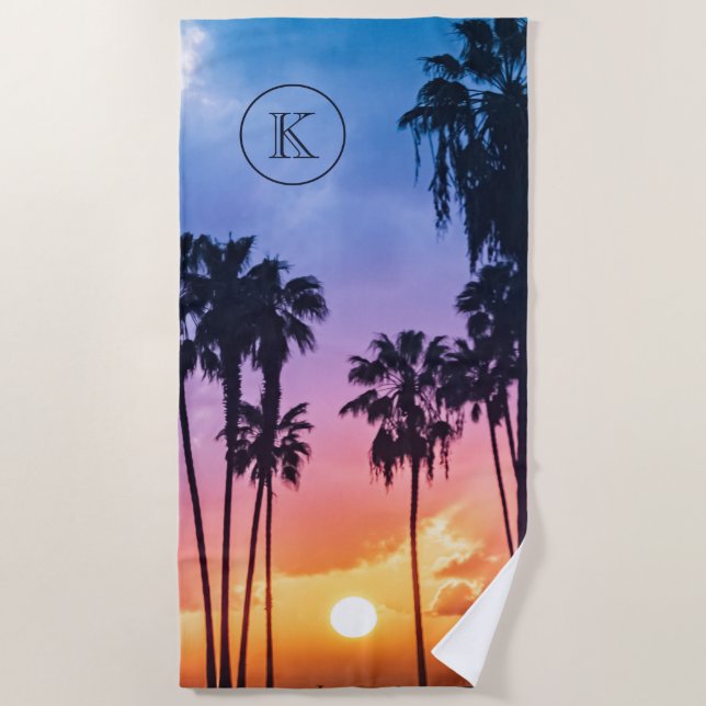 Tropical Rainbow Color Palm Tree Sunset Monogram Beach Towel (Front)