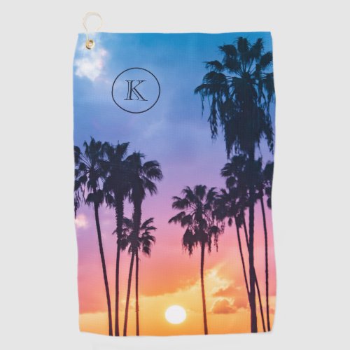 Tropical Rainbow Color Palm Tree Sunset Monogram Golf Towel