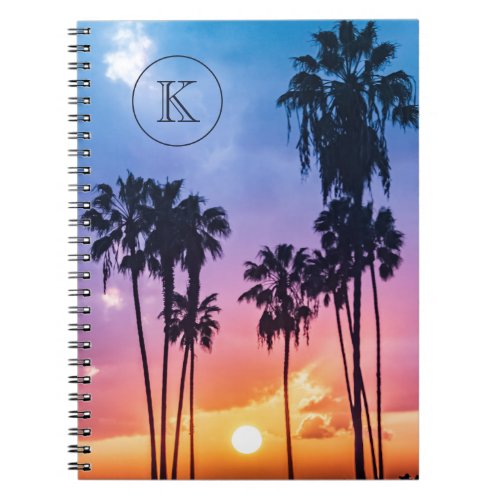 Tropical Rainbow Color Palm Tree Sunset Monogram Notebook