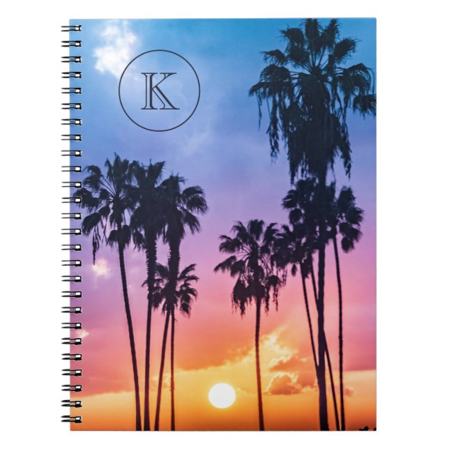 Tropical Rainbow Color Palm Tree Sunset Monogram Notebook (Front)