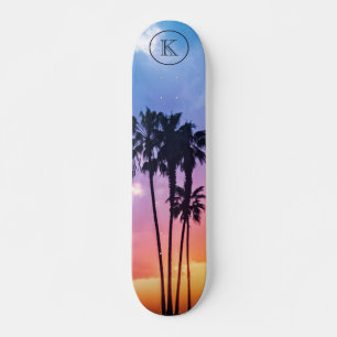 Tropical Rainbow Color Palm Tree Sunset Monogram Skateboard