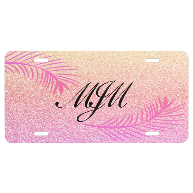 Tropical Rainbow Miami Monogrammed  Faux Glitter  License Plate (Front)
