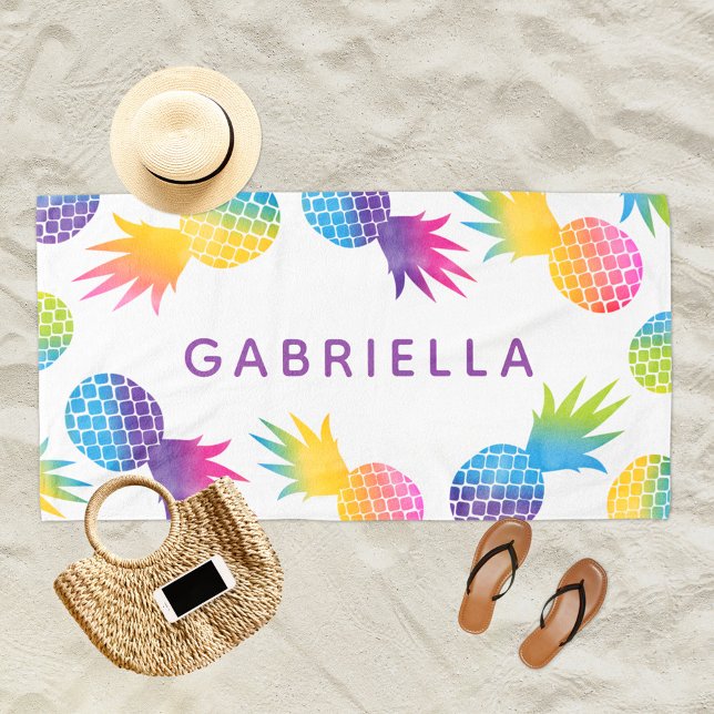 Tropical Rainbow Pineapple Personalized Purple Beach Towel (Creator Uploaded)