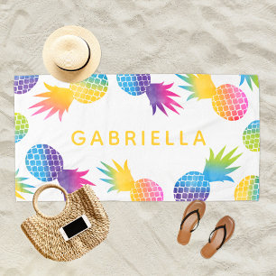 Tropical Rainbow Pineapple Personalized Yellow Beach Towel