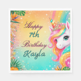 Tropical Rainbow Unicorn Floral Girls Birthday Napkins