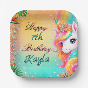 Tropical Rainbow Unicorn Floral Girls Birthday Paper Plates