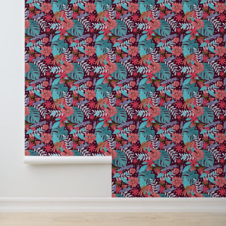 Tropical Rainforest Flowers and Monstera Leaves Wallpaper