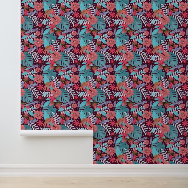 Tropical Rainforest Flowers and Monstera Leaves Wallpaper (Application)