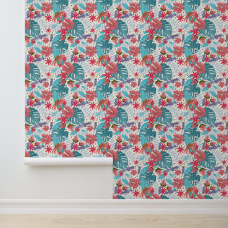 Tropical Rainforest Flowers and Monstera Leaves Wallpaper